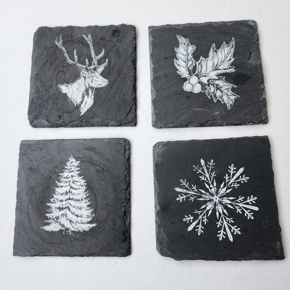 Charming slate coasters with holiday designs. (set 4)